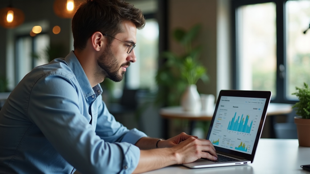 Empreendedor analisando dados de vendas e automação de IA em painel de controle no computador