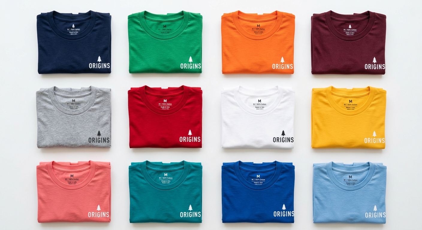 Várias variantes de camiseta colorida dispostas sobre fundo branco em estilo de fotografia comercial