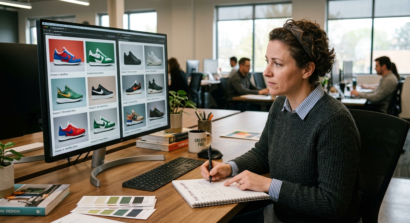 Designer gráfico avaliando criticamente várias imagens de produtos geradas por IA em um monitor.
