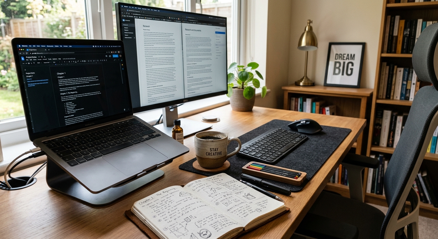 Configuração de home office com material de escrita e um computador