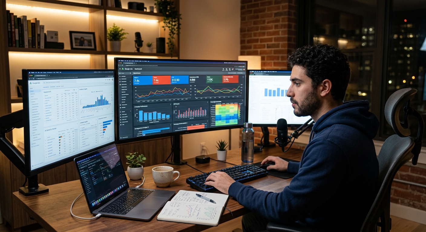 Um jovem analisando dados de campanhas digitais em múltiplos monitores, com gráficos de performance.