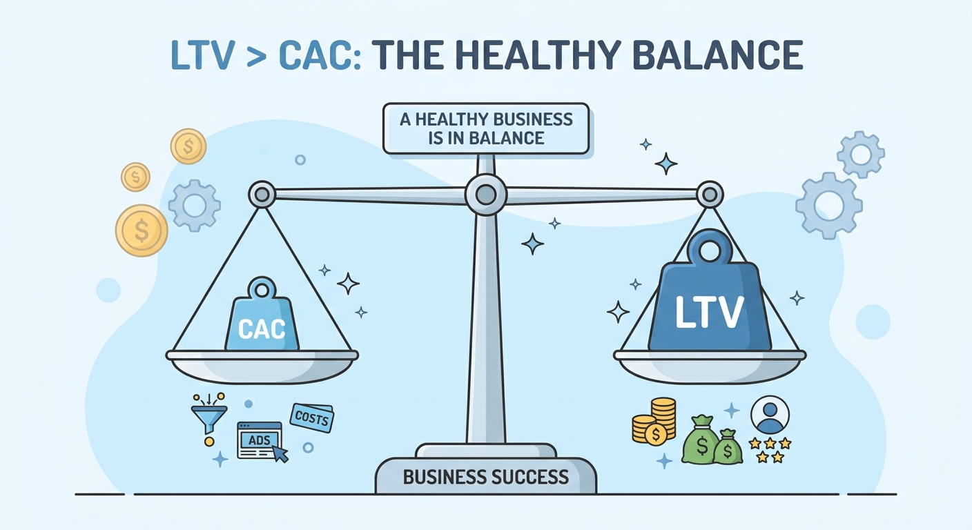 Balança com um peso pequeno de 'CAC' de um lado e um peso grande de 'LTV' do outro, ilustrando lucratividade.