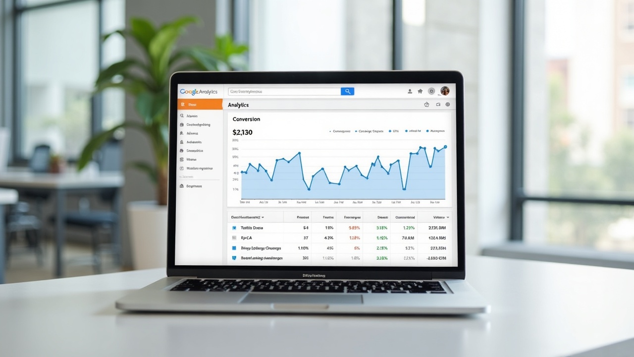 Painel do Google Analytics 4 em um notebook exibindo taxas de conversão e fontes de tráfego de um e-commerce