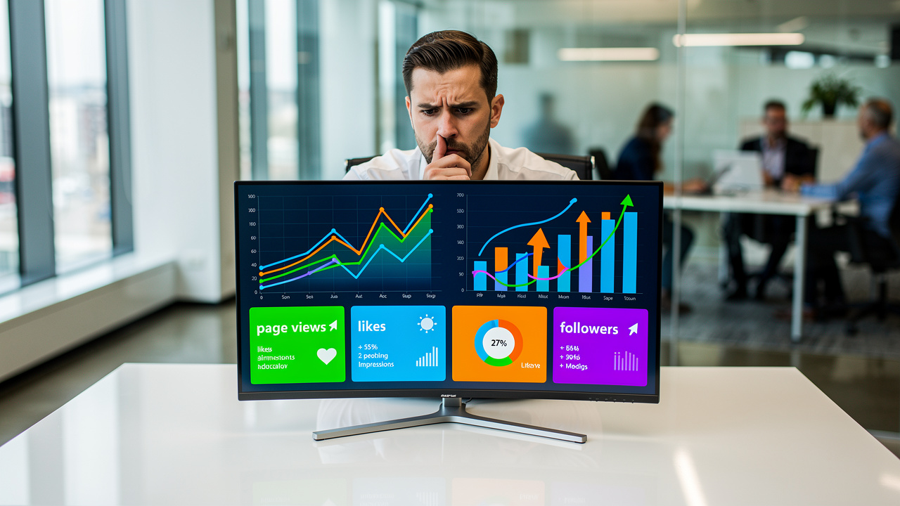 Gestor olhando para dashboard com métricas coloridas e expressão de dúvida