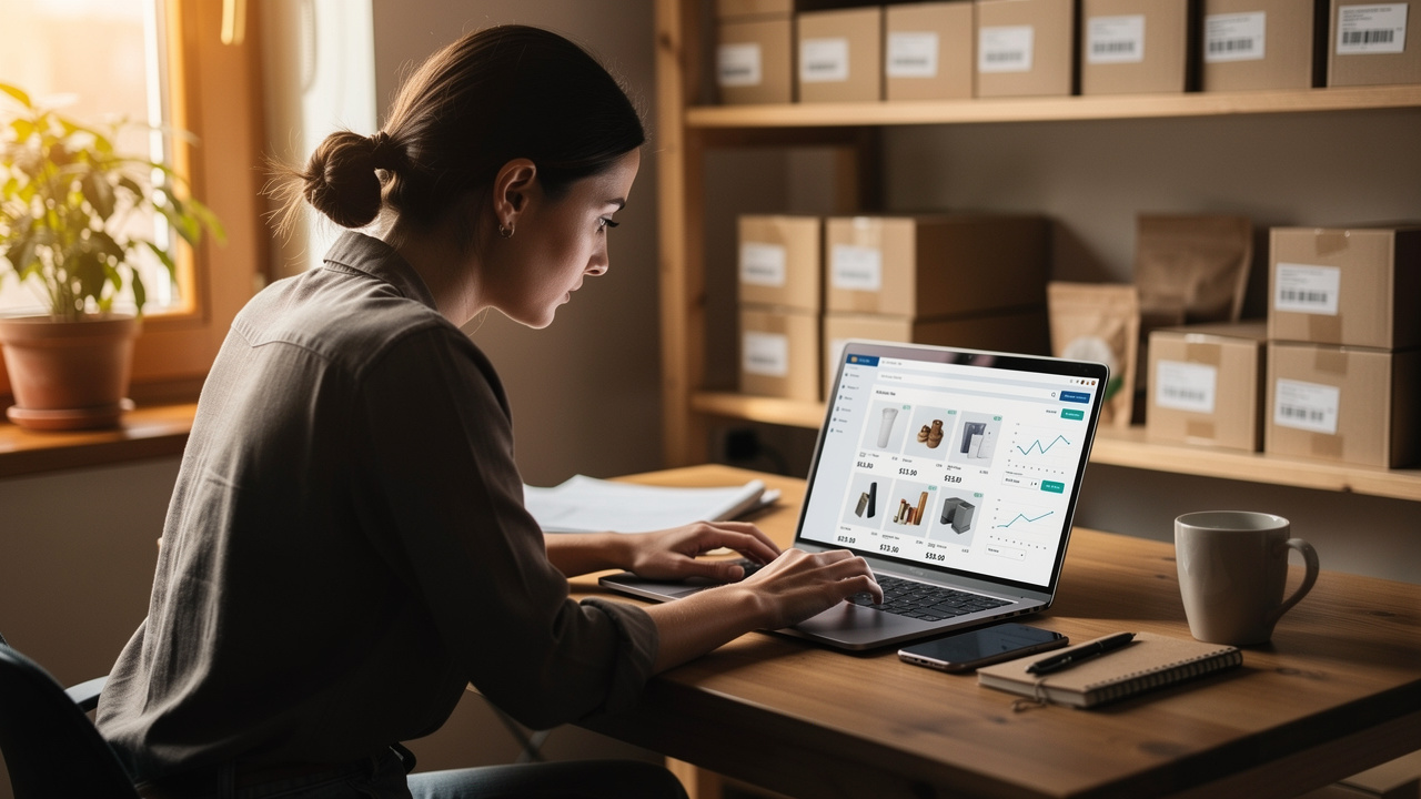 Empreendedora em seu escritório usando um notebook para gerenciar sua loja online com imagens de produtos
