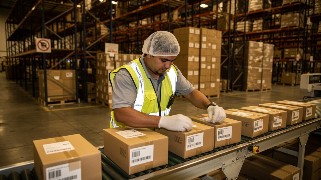 Funcionário de fábrica preparando pacotes para envio direto ao consumidor final em galpão industrial