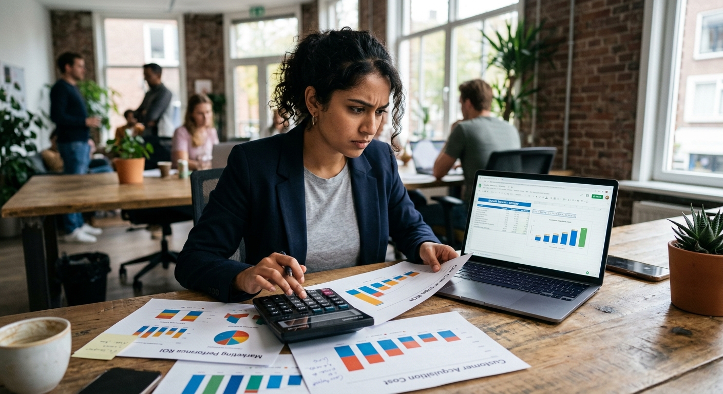 Empreendedor analisando relatórios de marketing com foco em métricas para melhorar resultados