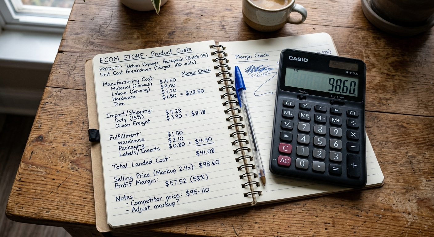Calculadora e caderno com anotações de custos e precificação de produto para loja virtual