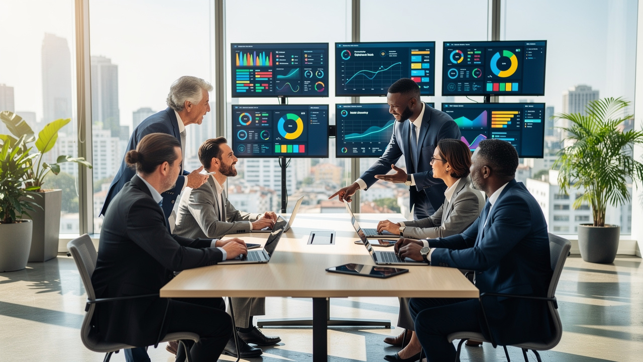 Equipe de negócios analisando painéis de produtividade com inteligência artificial em escritório moderno