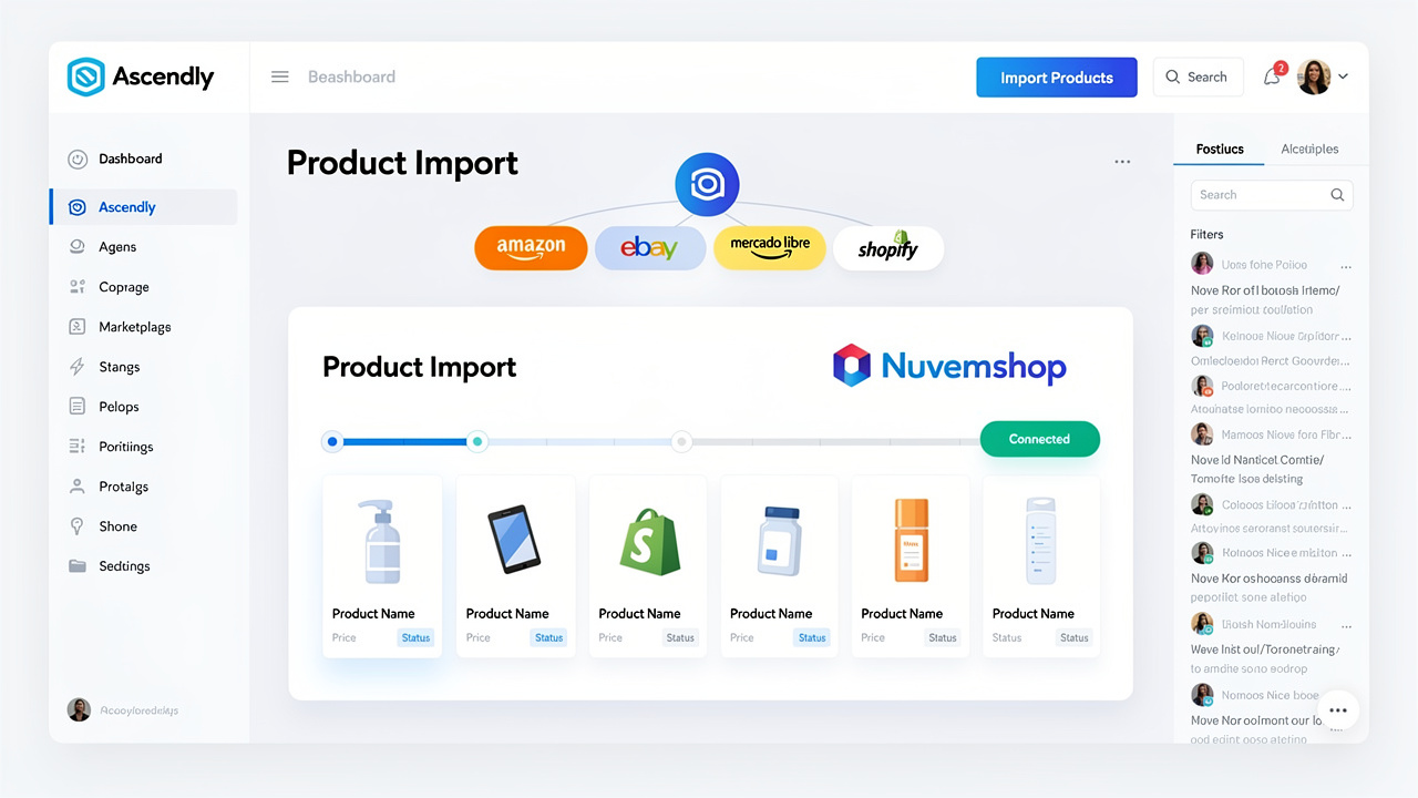 Interface do Ascendly com integração NuvemShop mostrando importação de produtos