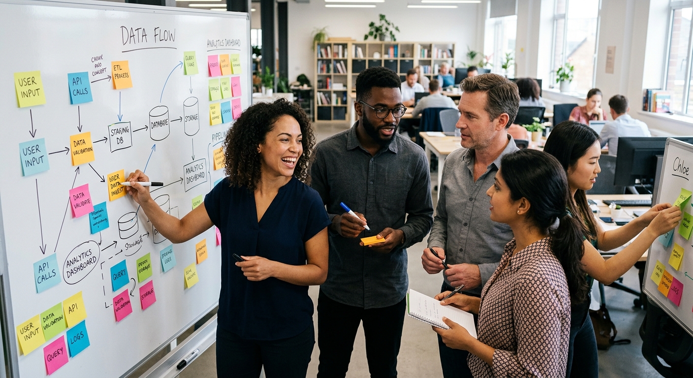 Equipe mapeando fluxo de dados em quadro branco com post-its em sala colaborativa