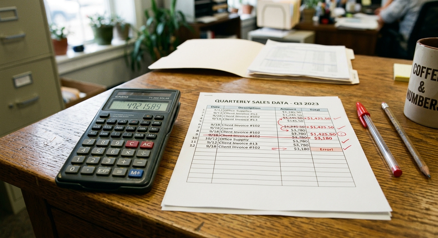Calculadora e planilha impressa com correções em vermelho sobre mesa de escritório