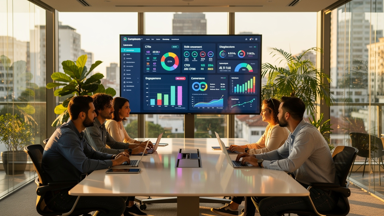Equipe de marketing analisando dashboards de campanha com inteligência artificial em escritório moderno