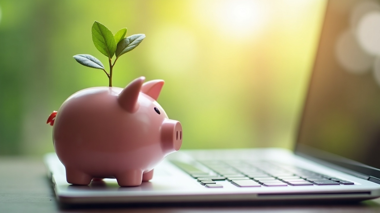 Um cofre de porquinho com uma planta crescendo, representando a economia e o crescimento obtidos com SEO