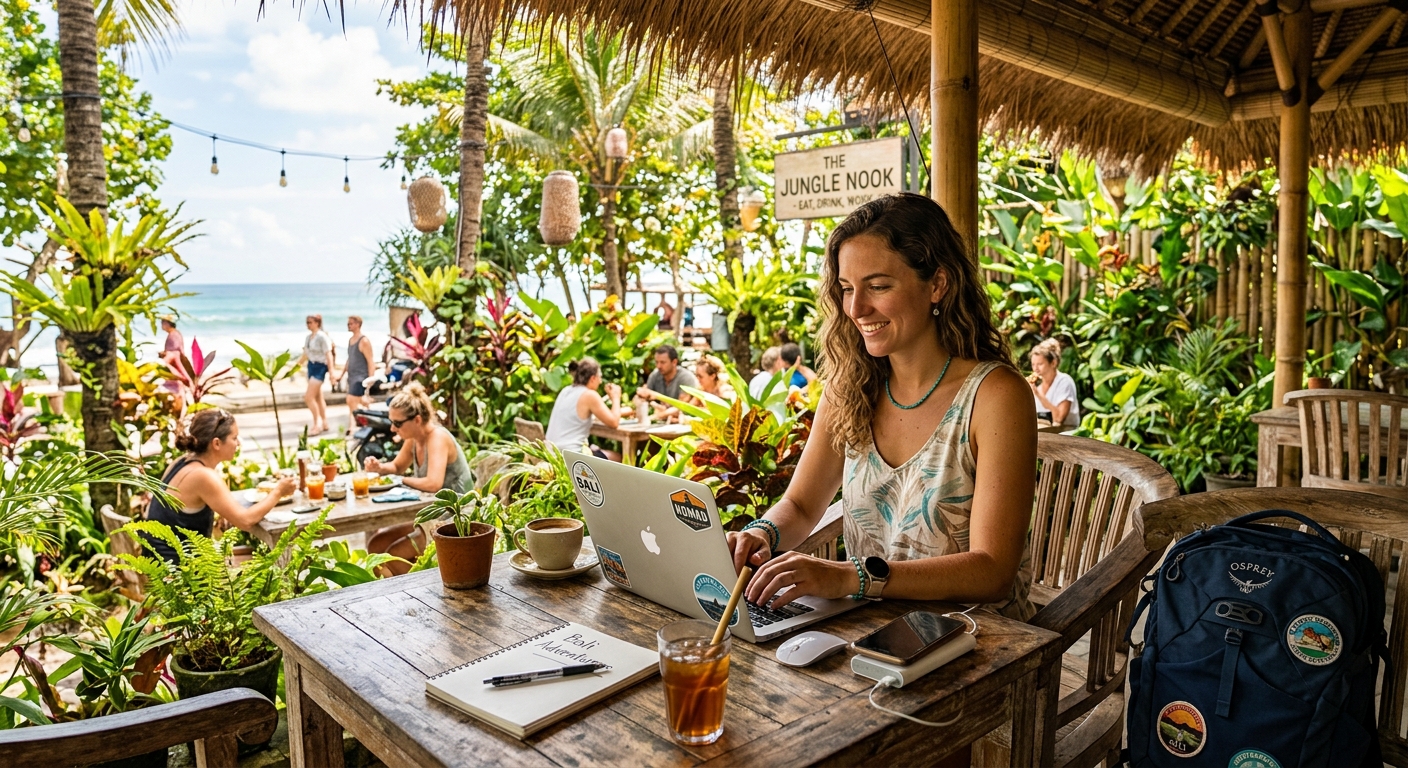 Nômade digital tomando café em um ambiente tropical, trabalhando com tranquilidade