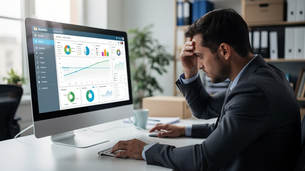 Gerente de e-commerce analisando gráfico de vendas estagnado em dashboard de marketing