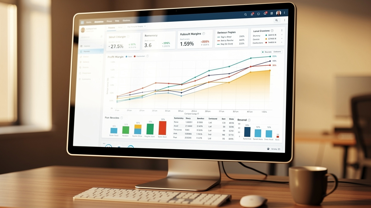 Painel de negócios exibindo gráficos de margem de lucro e faturamento em monitor