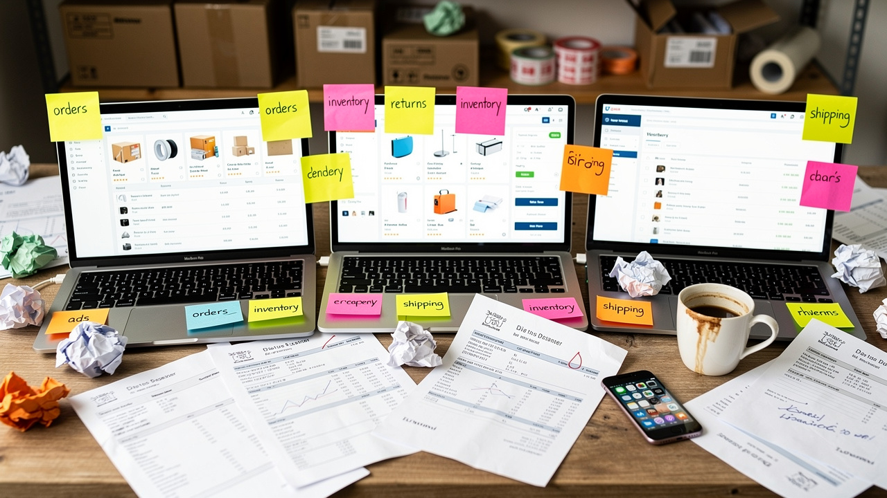 Mesa de trabalho desorganizada com anotações e notebooks simbolizando uma gestão de e-commerce caótica e manual.