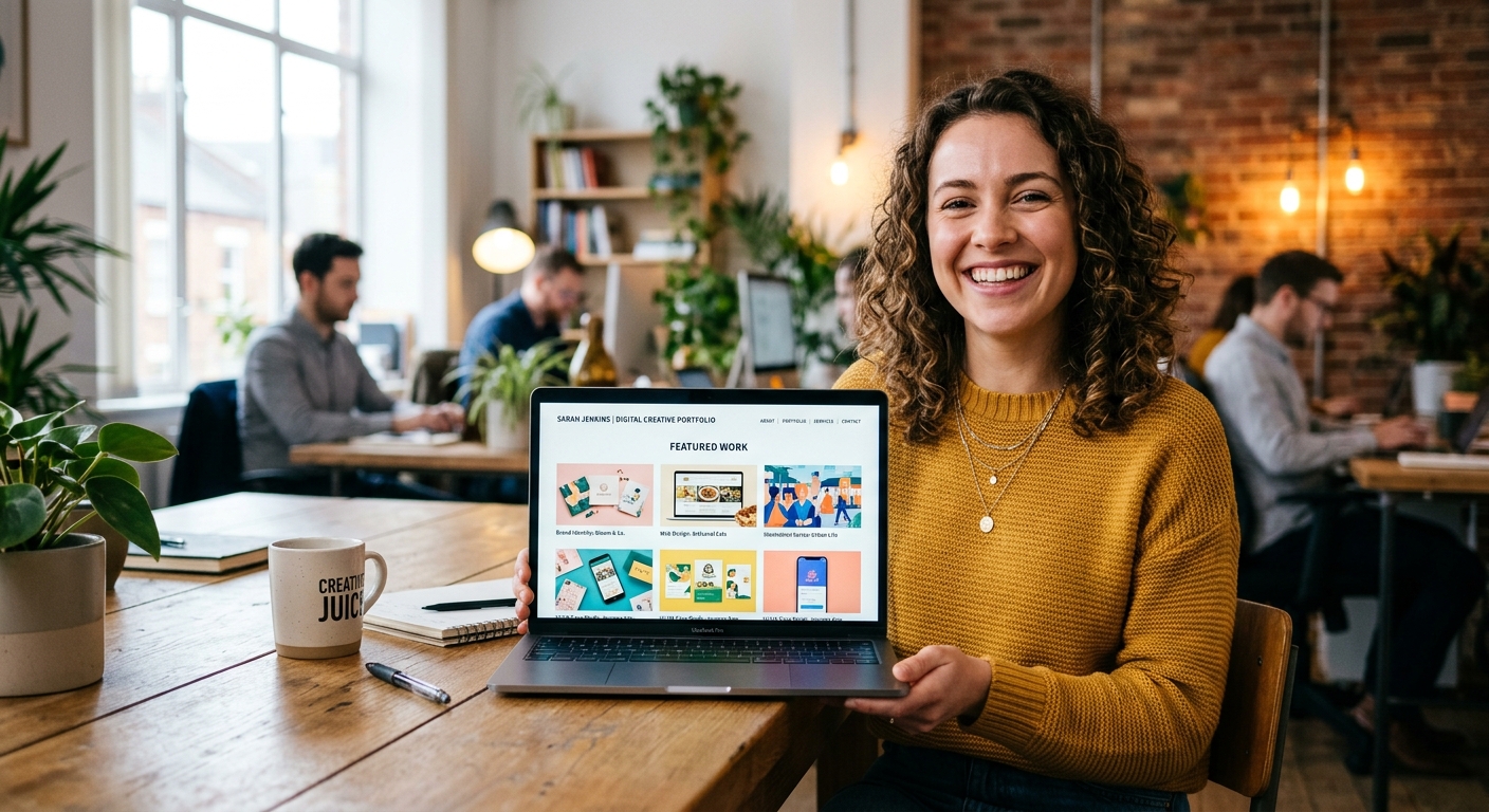 Um freelancer segurando um laptop e mostrando seu portfólio digital com alegria