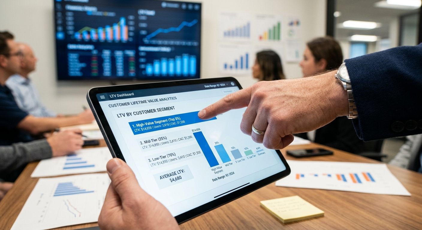 Mão apontando para um segmento de cliente com alto LTV em um tablet com gráficos de análise de dados