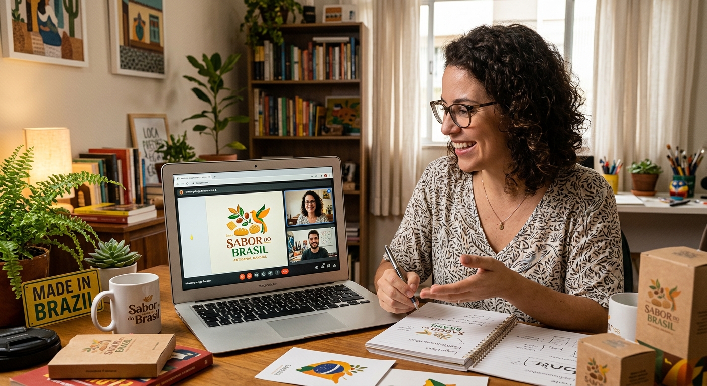 Dona de pequena empresa em videochamada com designer freelancer discutindo a criação de um novo logotipo.