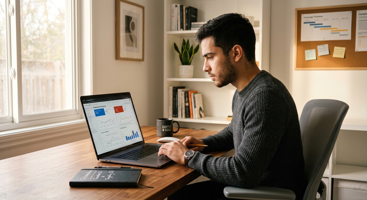 Jovem empreendedor analisando métricas de campanha de tráfego pago em notebook