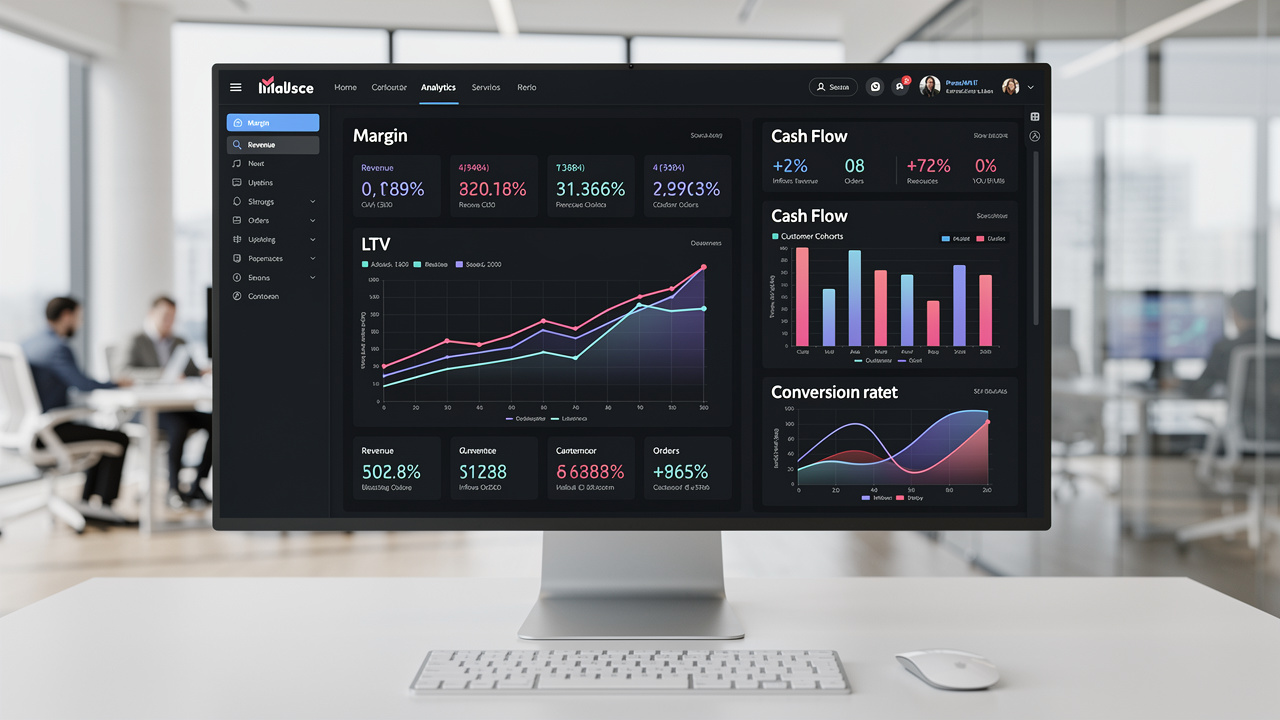Painel digital com múltiplos indicadores financeiros de e-commerce em escritório moderno