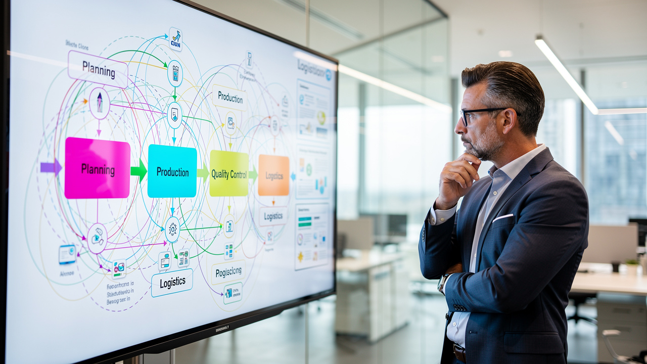 Gestor analisando diagrama complexo de processos empresariais interconectados em tela grande