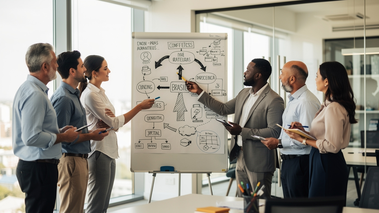 Equipe de líderes discutindo diretrizes estratégicas em frente a quadro branco com diagramas