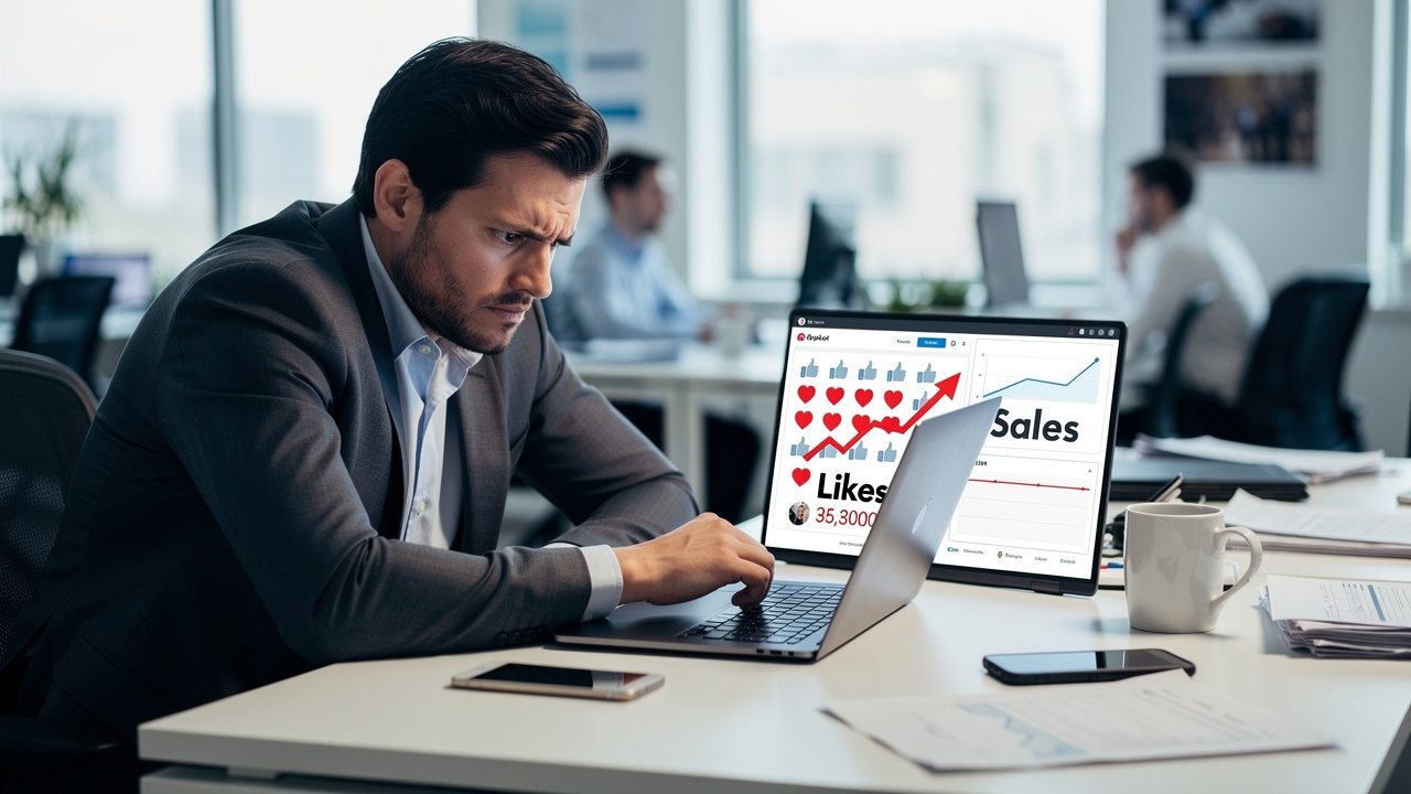 Gestor de marketing olhando tela com muitas curtidas, mas gráfico de vendas estagnado
