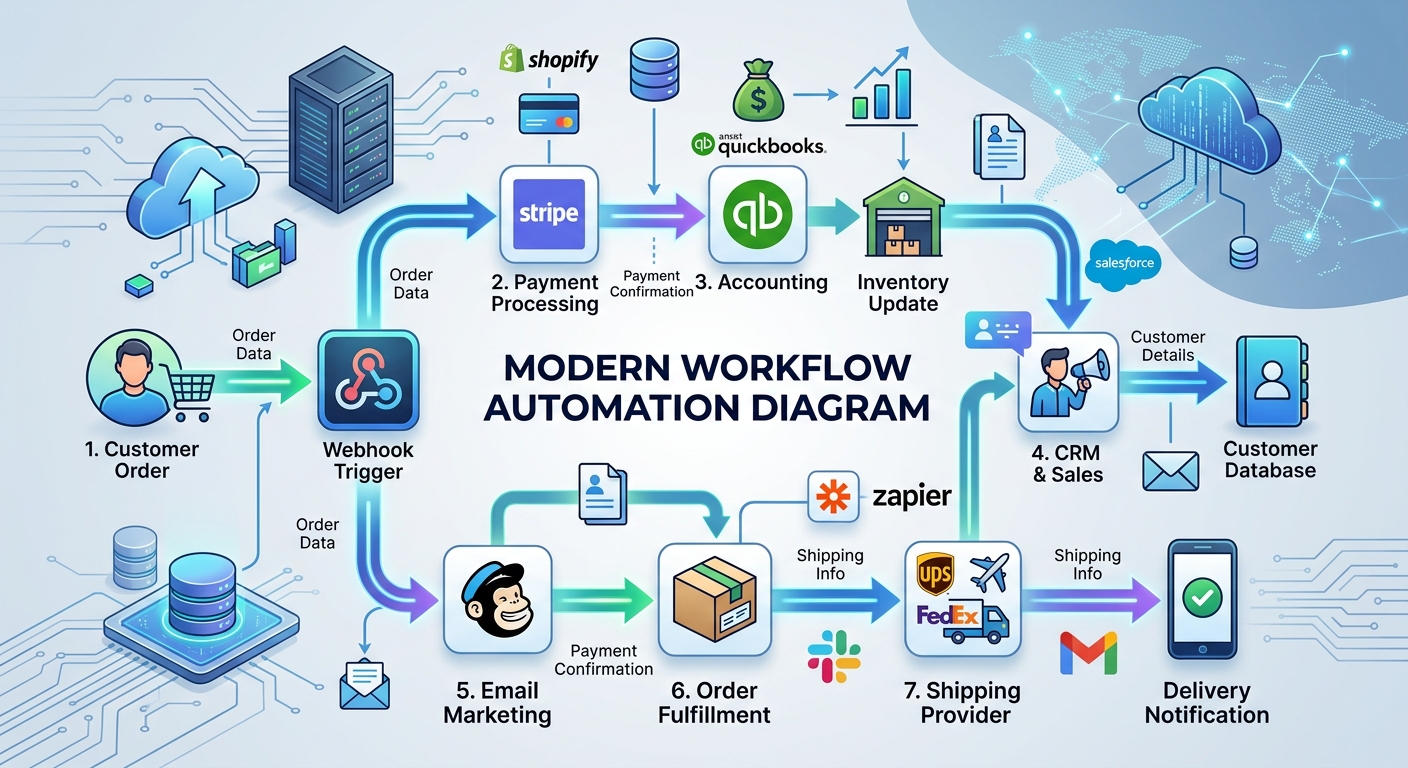 Diagrama de automação mostrando fluxo de dados entre aplicativos conectados