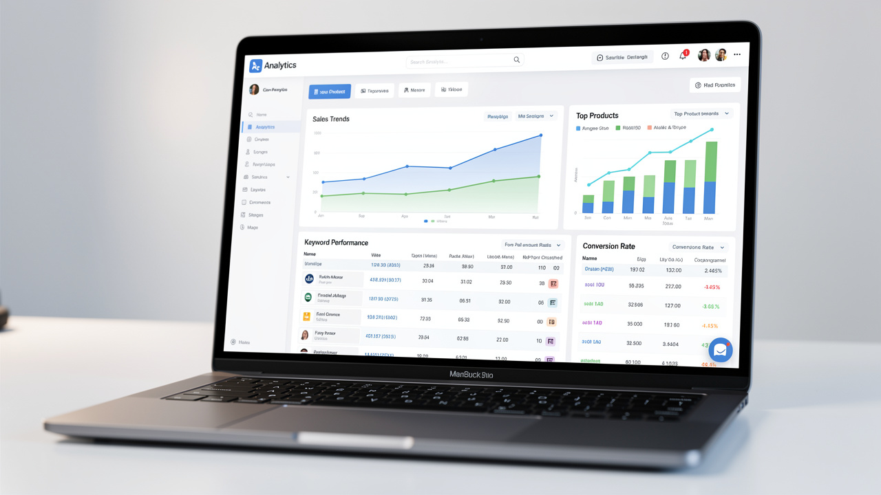 Tela de laptop exibindo dashboard de análise de produtos com tendências de vendas e dados de palavras-chave
