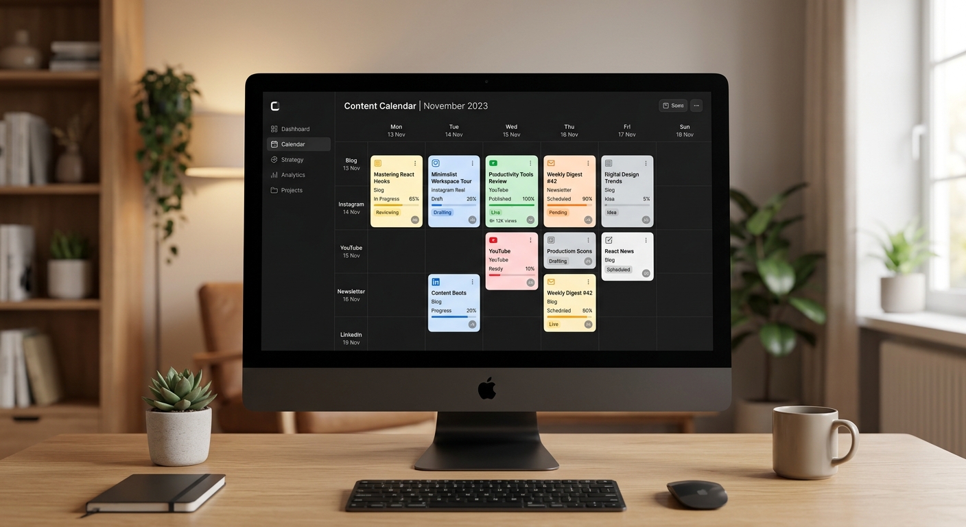 Painel digital exibindo calendário editorial com cartões coloridos e indicadores de progresso em tela limpa