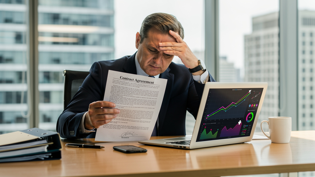 Executivo frustrado revisando contrato em mesa com gráficos financeiros no notebook
