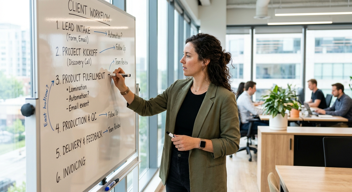 Empresário escrevendo etapas de processo em quadro branco em escritório moderno