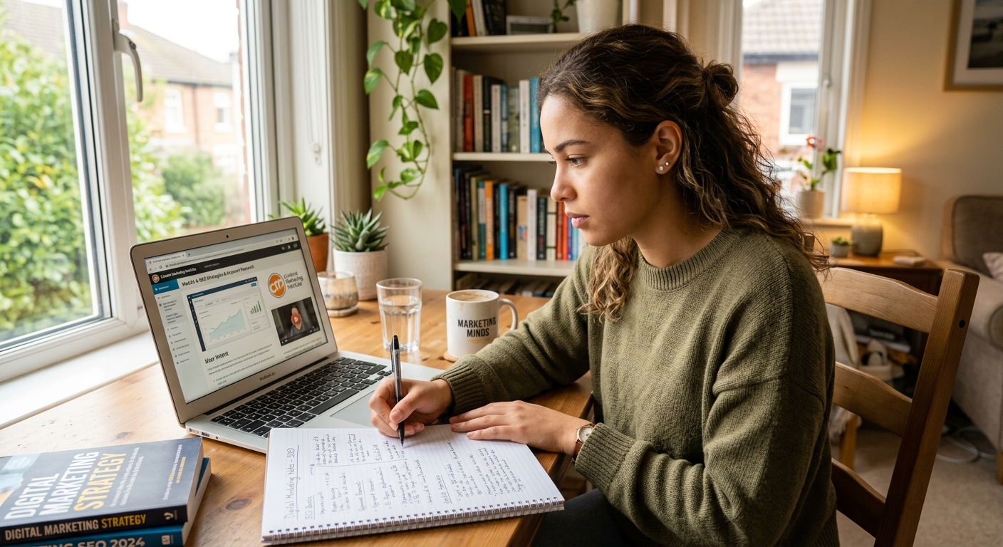 Jovem estudando marketing digital em ambiente tranquilo, com anotações