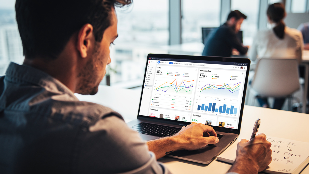 Gestor de e-commerce brasileiro analisando dados de tráfego e desempenho de produtos no computador