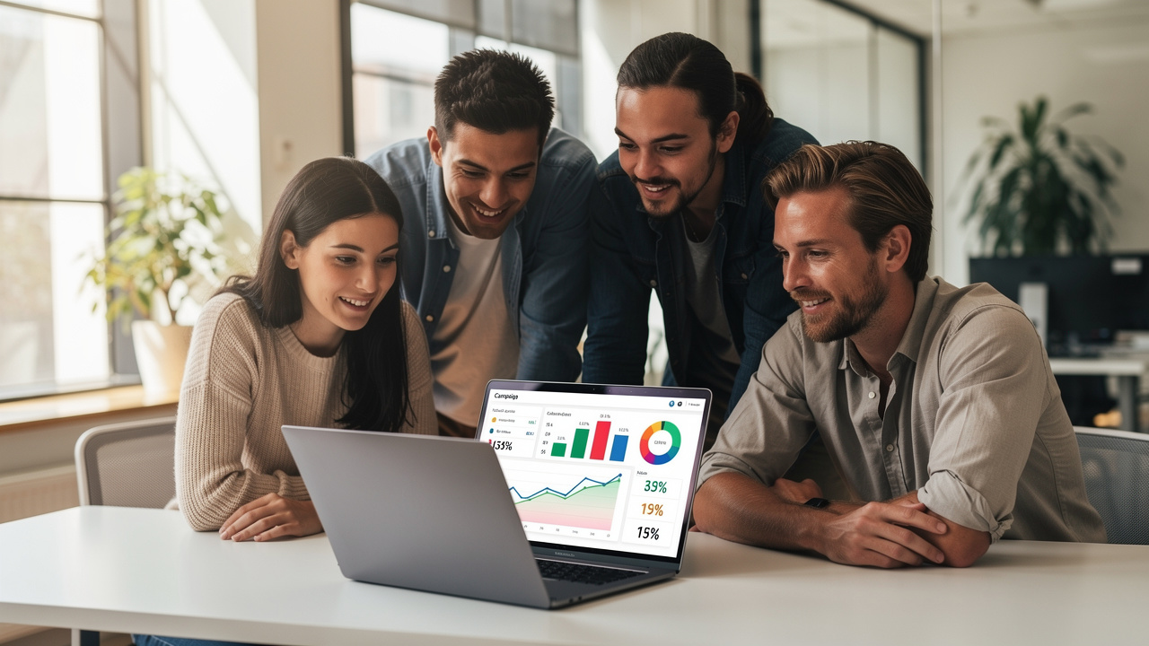 Equipe de marketing analisando gráficos de campanha juntos em escritório moderno