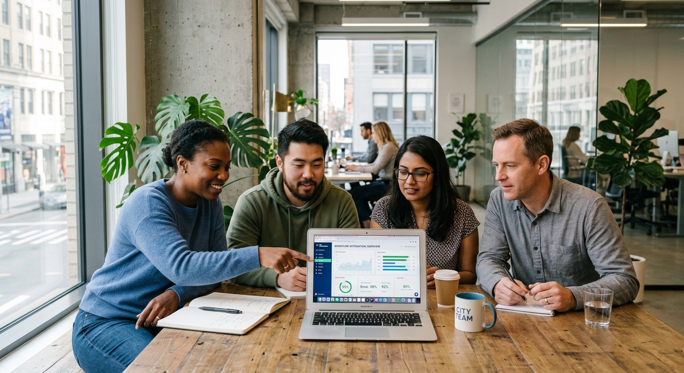 Equipe pequena analisando resultados de fluxo automatizado em laptop no escritório