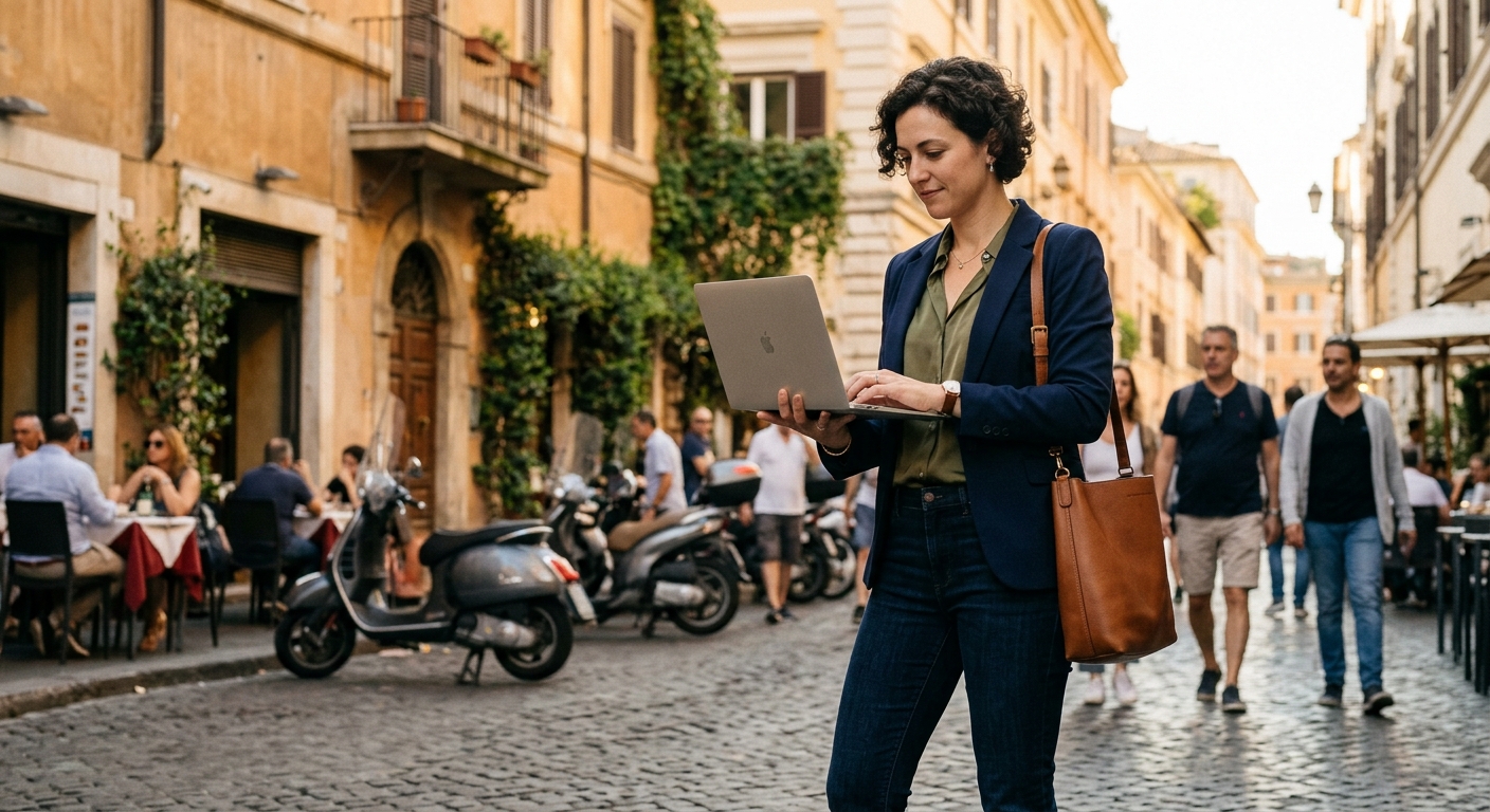 Mulher profissional explorando ruas da cidade com laptop, equilibrando trabalho e viagem.