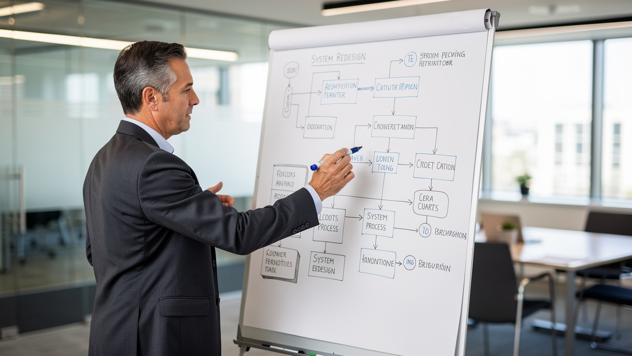 Executivo sênior apontando para diagrama de redesenho de sistema em quadro branco de escritório moderno