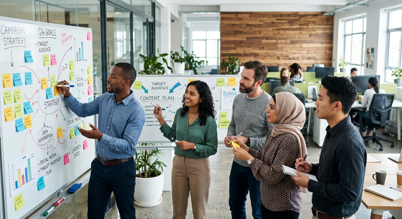 Equipe de marketing diversa fazendo brainstorming em um quadro branco com notas adesivas e gráficos em escritório moderno