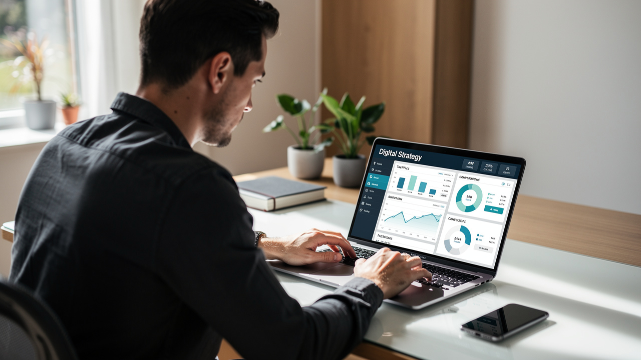 Empreendedor analisando painel de estratégia digital em laptop com luz natural