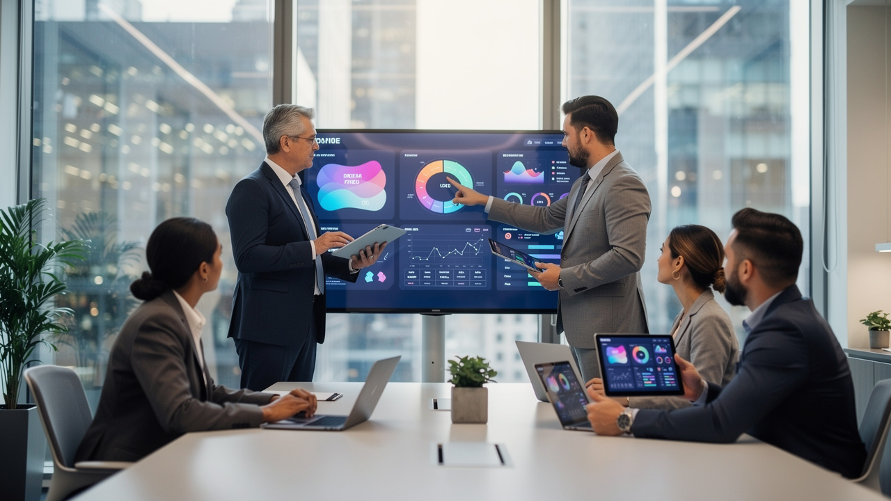 Equipe corporativa analisando dados gerados por inteligência artificial em escritório moderno