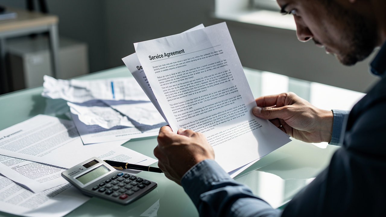 Cliente analisando contrato de serviço com expressão preocupada, papéis e calculadora sobre a mesa