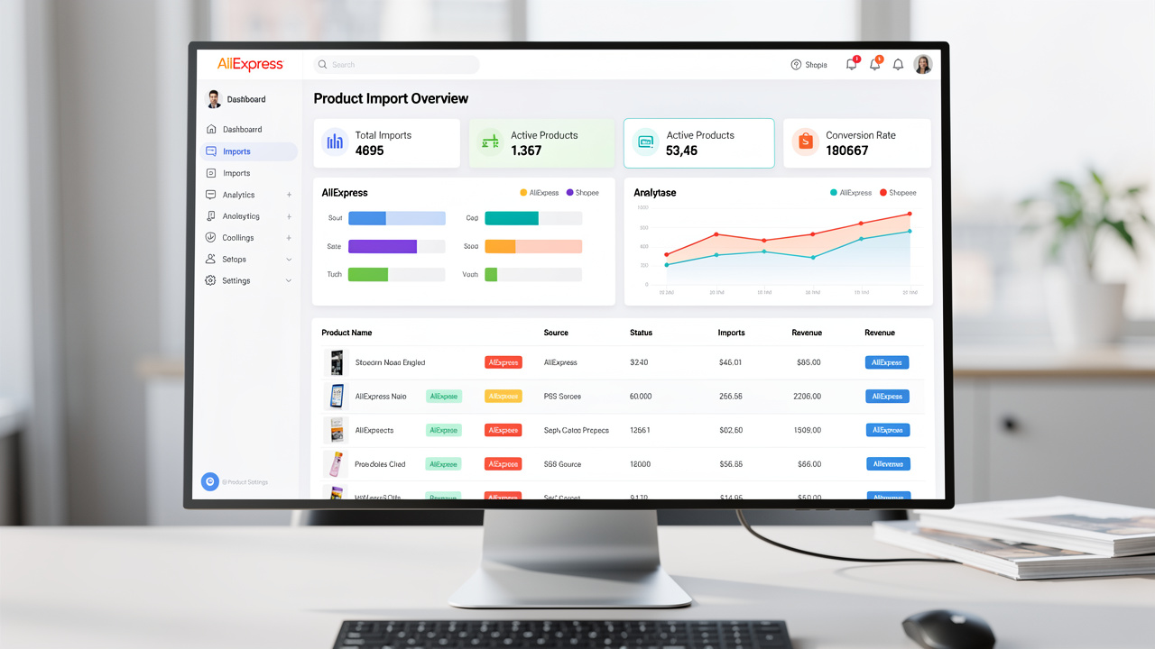 Tela de dashboard mostrando dados de importação de produtos do AliExpress e Shopee