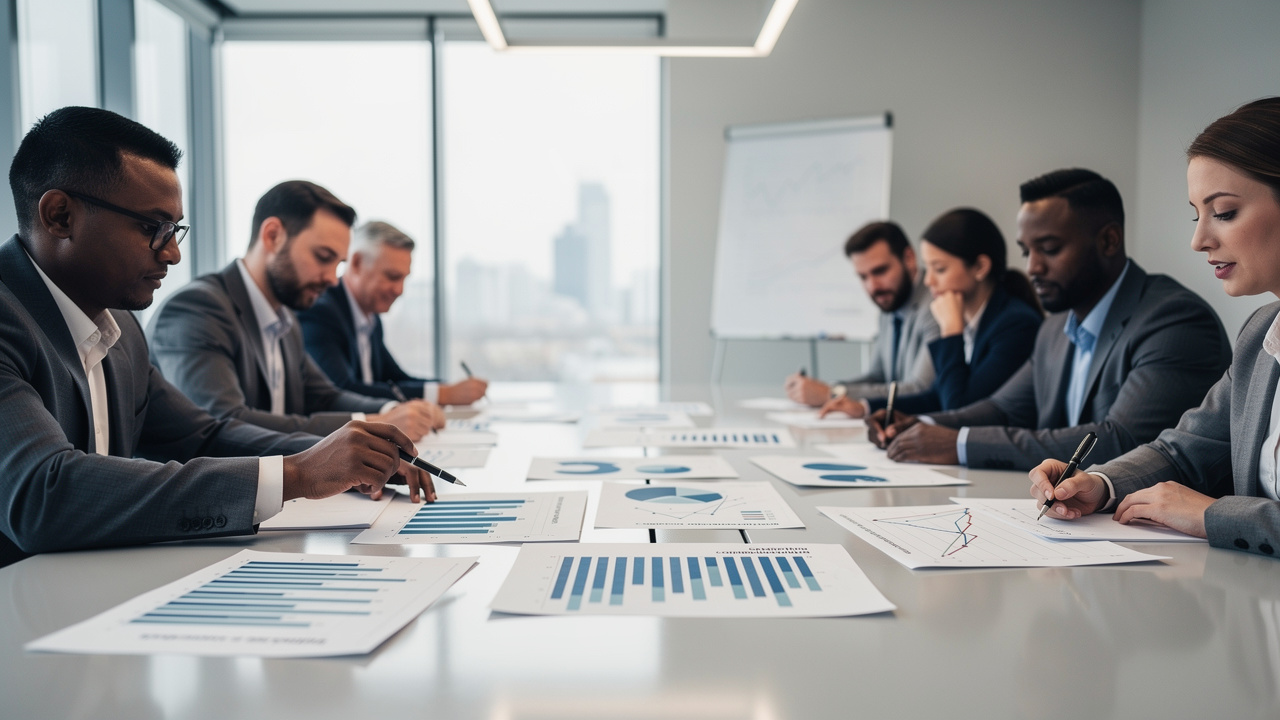 Equipe profissional em sala de reunião analisando relatórios de inteligência competitiva impressos