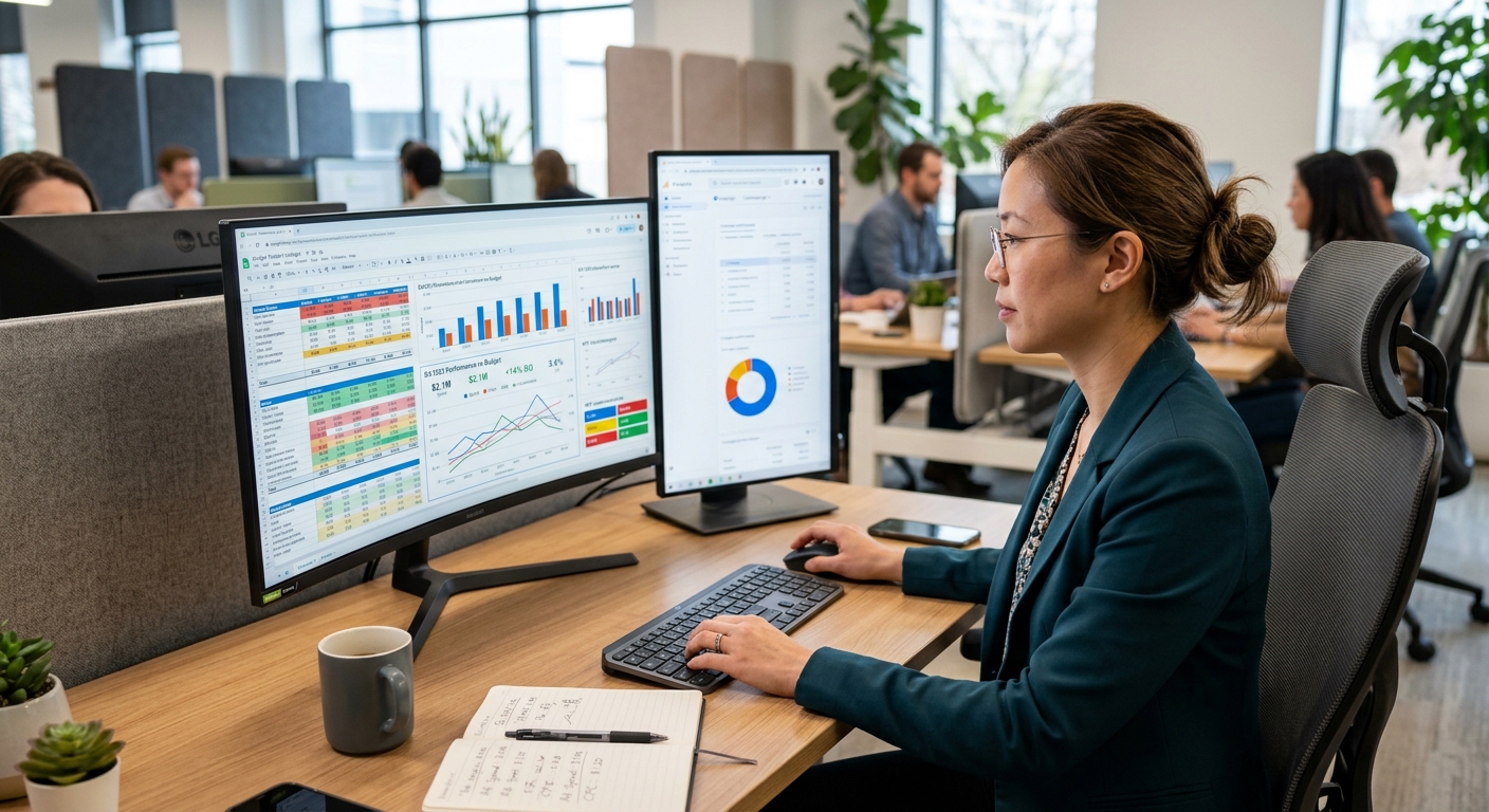 Profissional de marketing digital analisando orçamentos em um computador com gráficos na tela