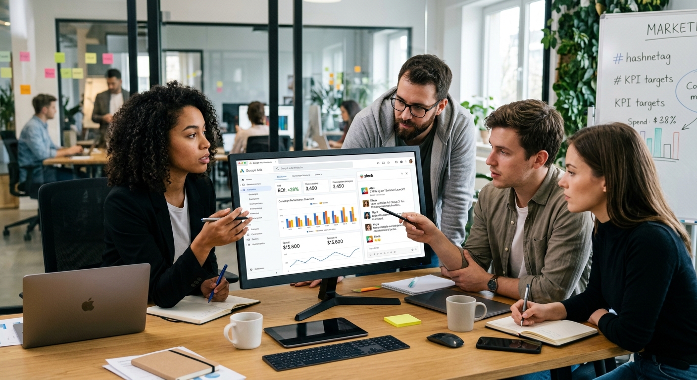 Equipe de marketing digital colaborando em frente a uma tela com dados e interface de chat