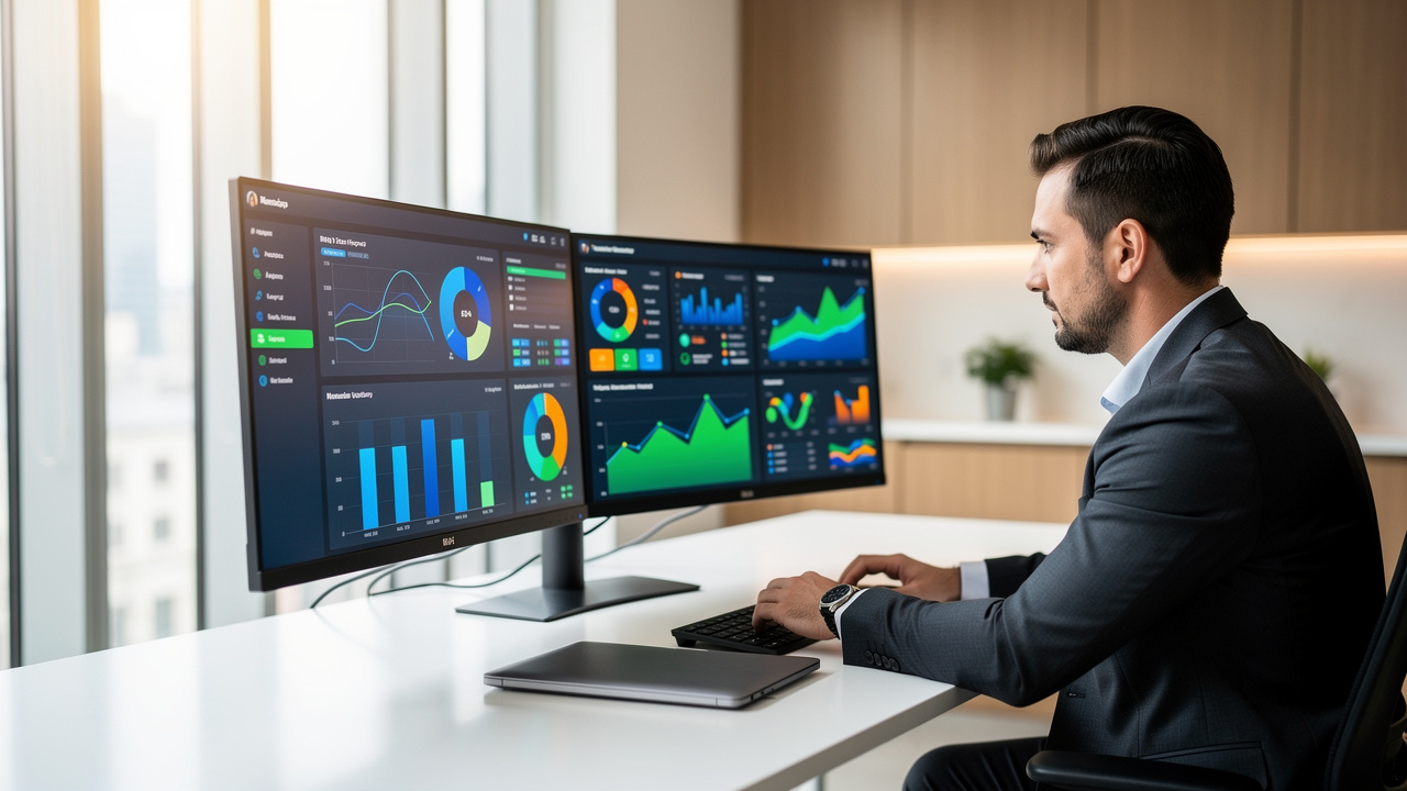 Analista de negócios revisando dashboards coloridos em monitor grande em escritório moderno